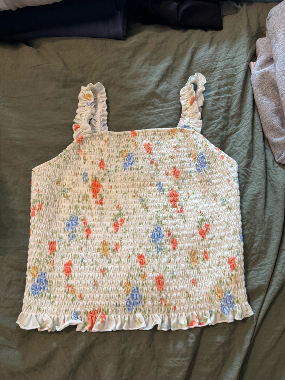 SO White Smocked Floral Ruffle Strap Tank with Coral & Blue Accents